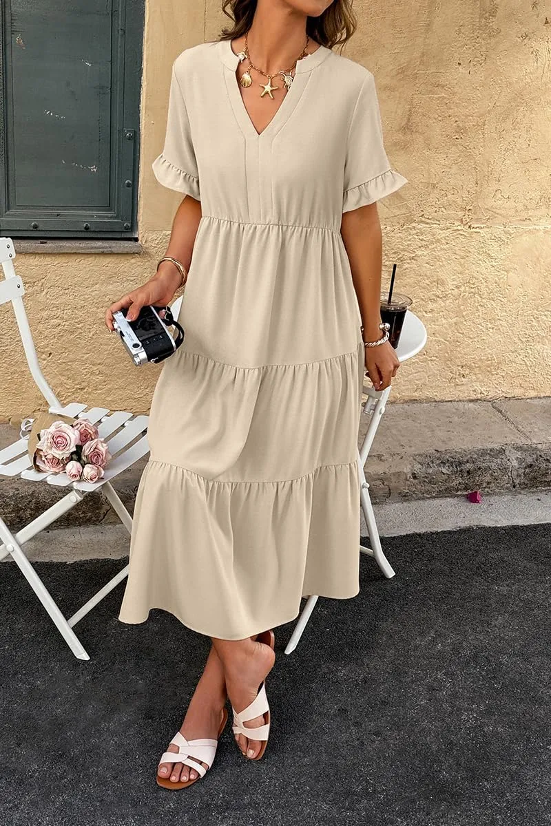 Theenkoln Womens Casual Midi Dress: Short Sleeve V-Neck Empire Waist Gingham Spring Fashion Long Trendy Tiered Formal Dresses