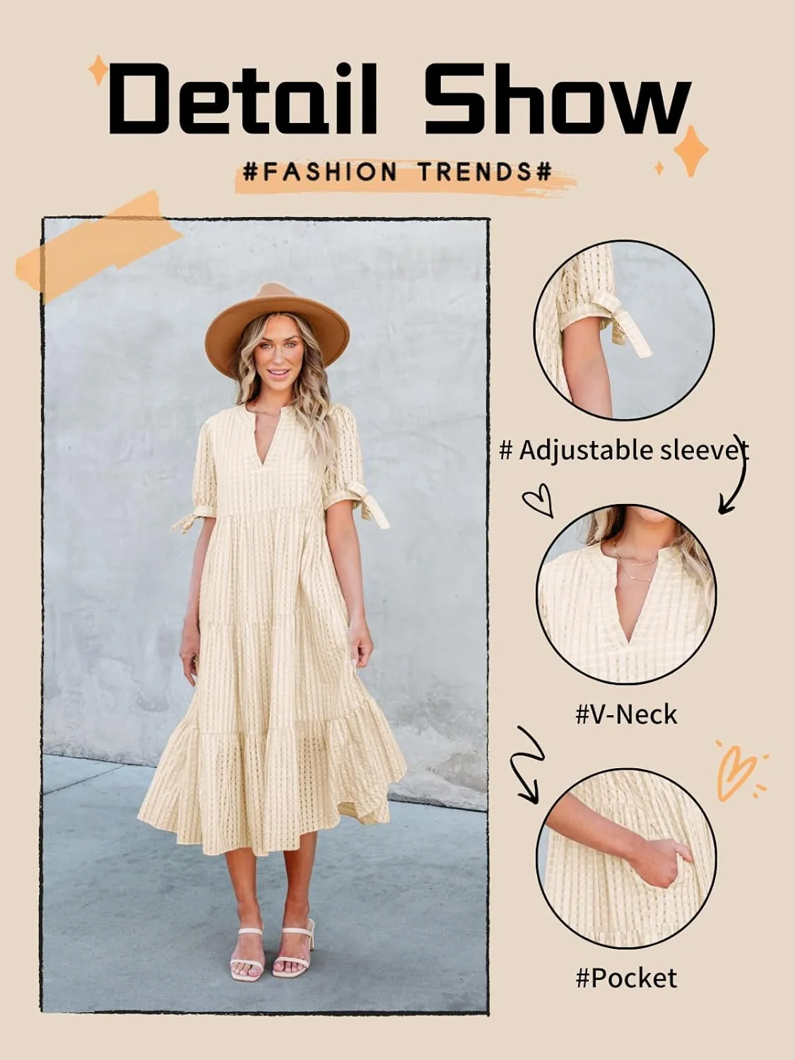 Theenkoln Womens Casual Midi Dress: Short Sleeve V-Neck Empire Waist Gingham Spring Fashion Long Trendy Tiered Formal Dresses