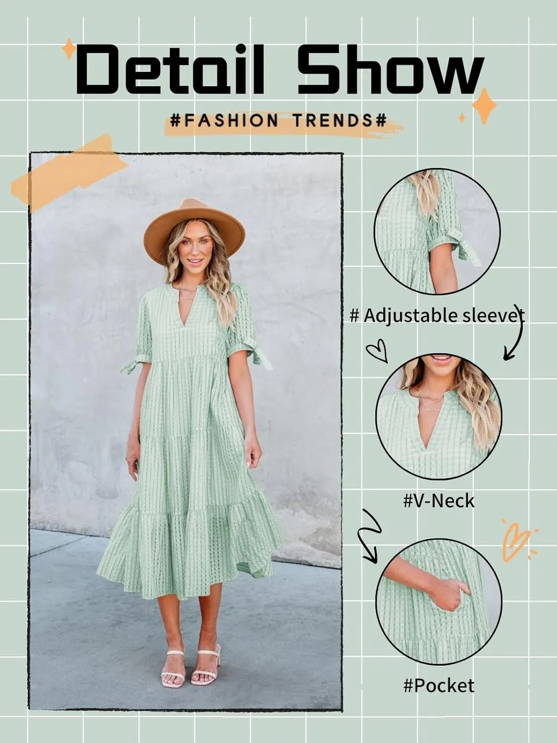 Theenkoln Womens Casual Midi Dress: Short Sleeve V-Neck Empire Waist Gingham Spring Fashion Long Trendy Tiered Formal Dresses