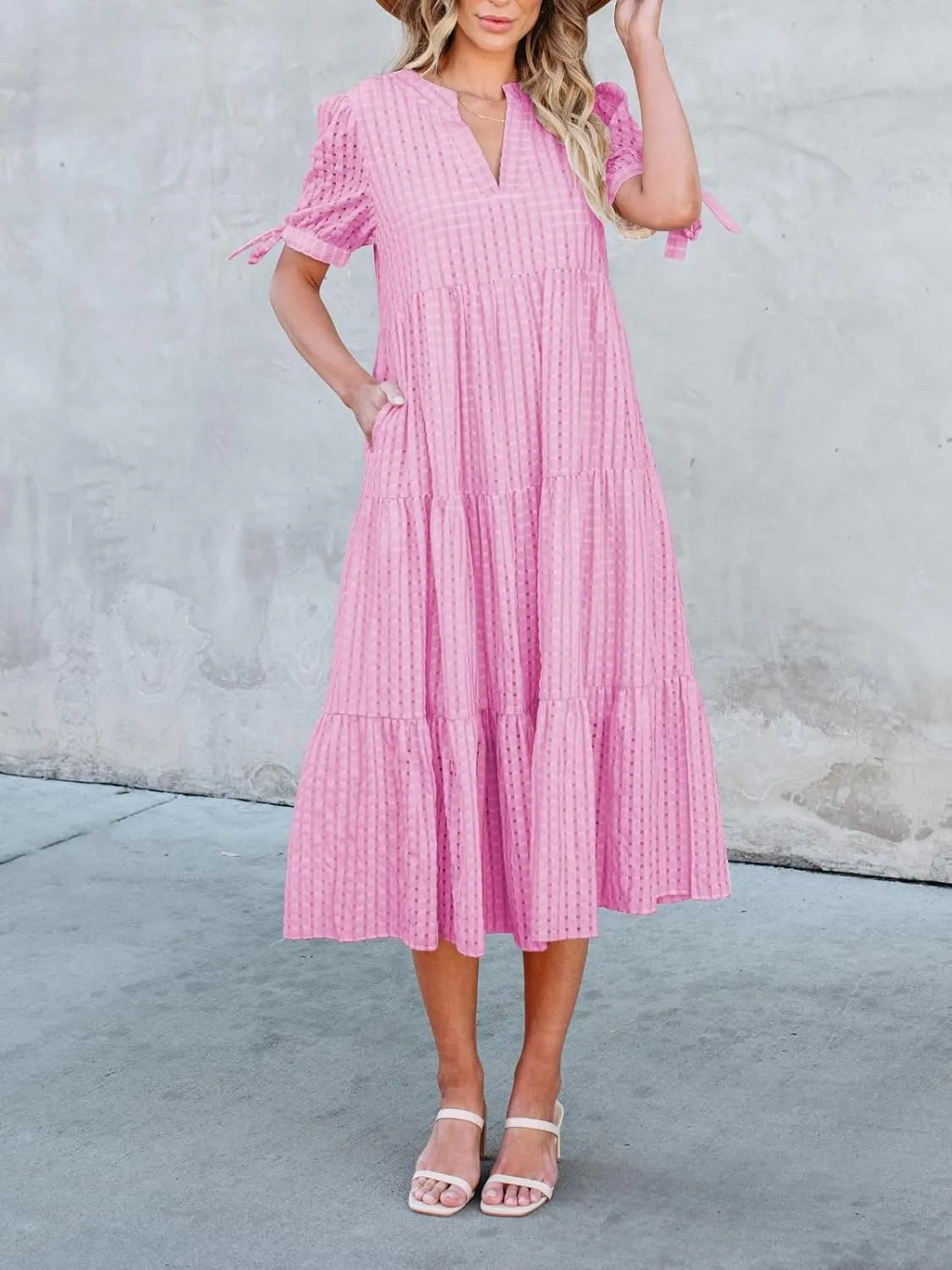 Theenkoln Womens Casual Midi Dress: Short Sleeve V-Neck Empire Waist Gingham Spring Fashion Long Trendy Tiered Formal Dresses