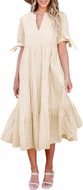Theenkoln Womens Casual Midi Dress: Short Sleeve V-Neck Empire Waist Gingham Spring Fashion Long Trendy Tiered Formal Dresses
