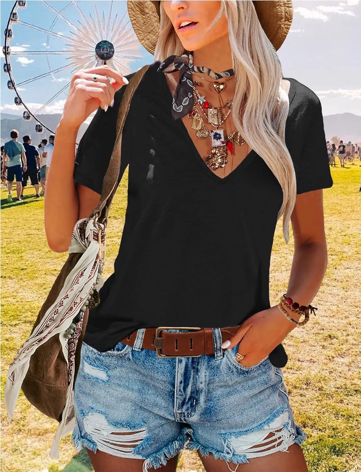 Topstype Deep V Neck T Shirts for Women Short Sleeve Sexy Tops Low Cut Cleavage T Shirt