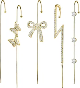 Trendy Pierced Ear Crawler Earrings for Women Gold & Silver Snowflake Rhinestone Helix Hook Set Fashionista Jewelry with Secure Ear Plug Fixer for Daily & Evening Outfits 5Pcs