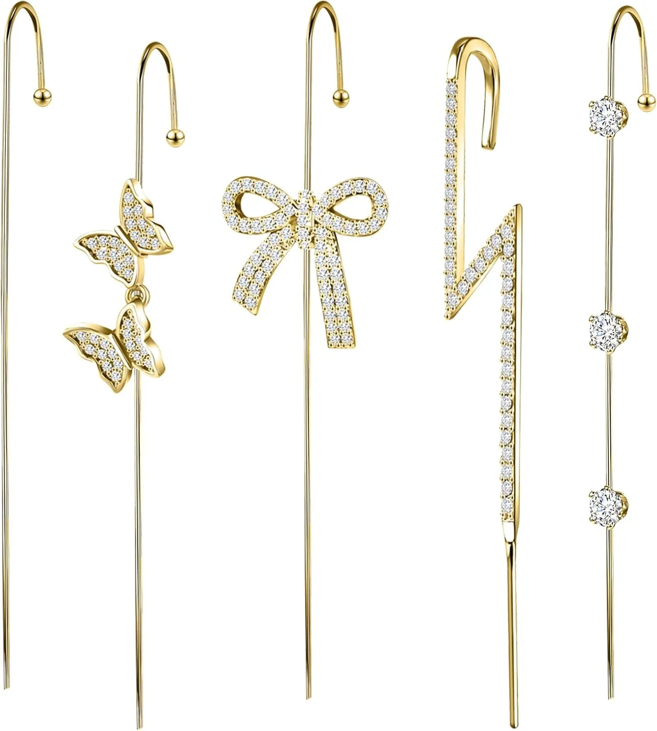Trendy Pierced Ear Crawler Earrings for Women Gold & Silver Snowflake Rhinestone Helix Hook Set Fashionista Jewelry with Secure Ear Plug Fixer for Daily & Evening Outfits 5Pcs
