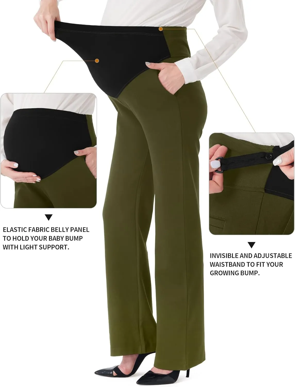 URBEST Women's Maternity Pants for Work, Office Wear Dress Pants Over The Belly Stretchy Pregnancy Bootcut Pants with Pockets
