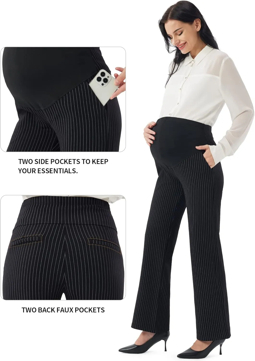 URBEST Women's Maternity Pants for Work, Office Wear Dress Pants Over The Belly Stretchy Pregnancy Bootcut Pants with Pockets
