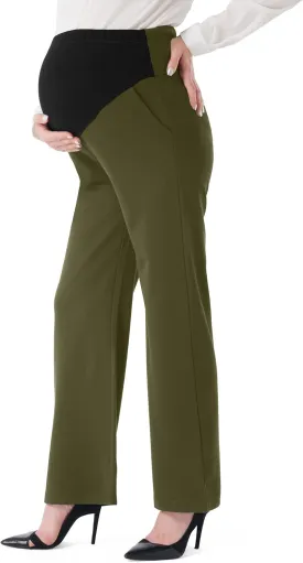 URBEST Women's Maternity Pants for Work, Office Wear Dress Pants Over The Belly Stretchy Pregnancy Bootcut Pants with Pockets
