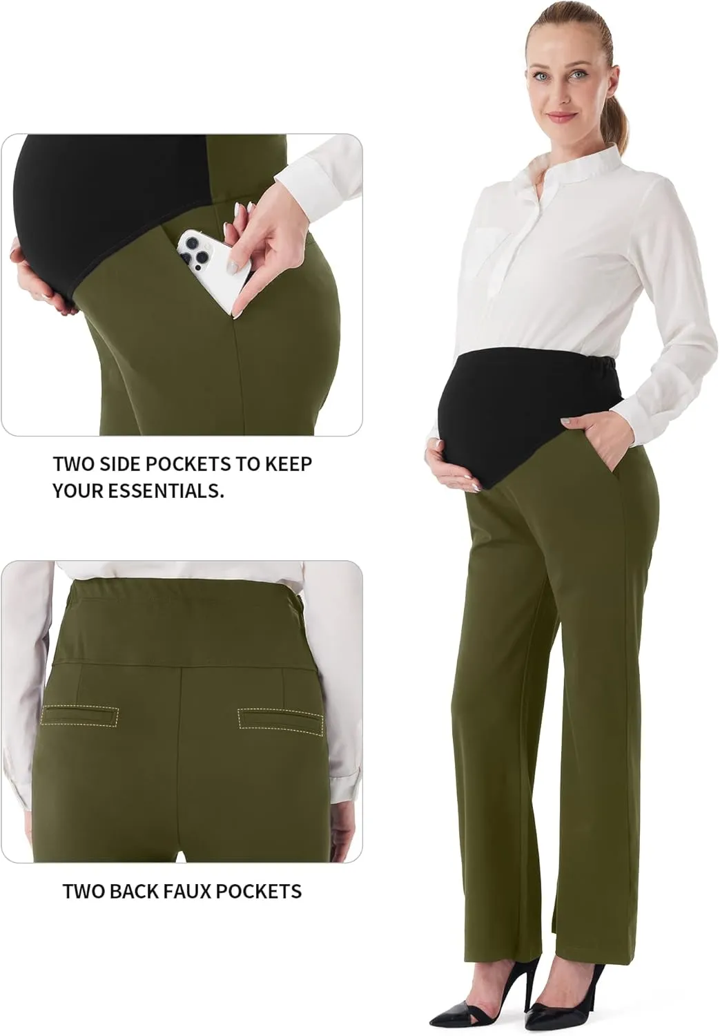 URBEST Women's Maternity Pants for Work, Office Wear Dress Pants Over The Belly Stretchy Pregnancy Bootcut Pants with Pockets