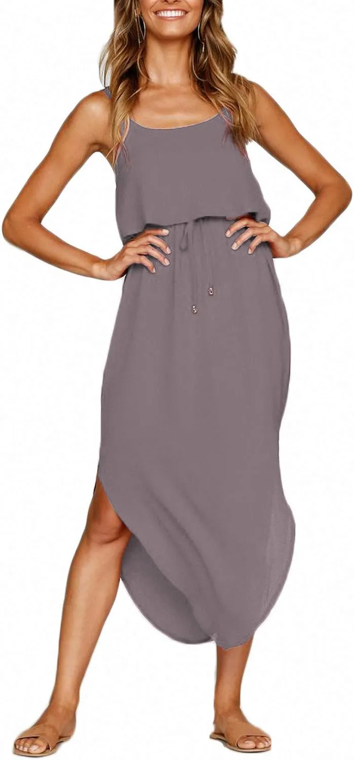 Women's Adjustable Strappy Split Summer Beach Casual Midi Dress