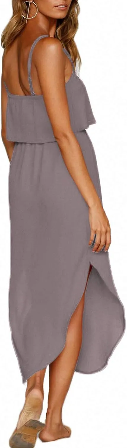 Women's Adjustable Strappy Split Summer Beach Casual Midi Dress