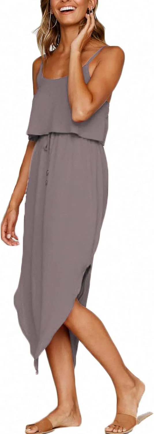 Women's Adjustable Strappy Split Summer Beach Casual Midi Dress