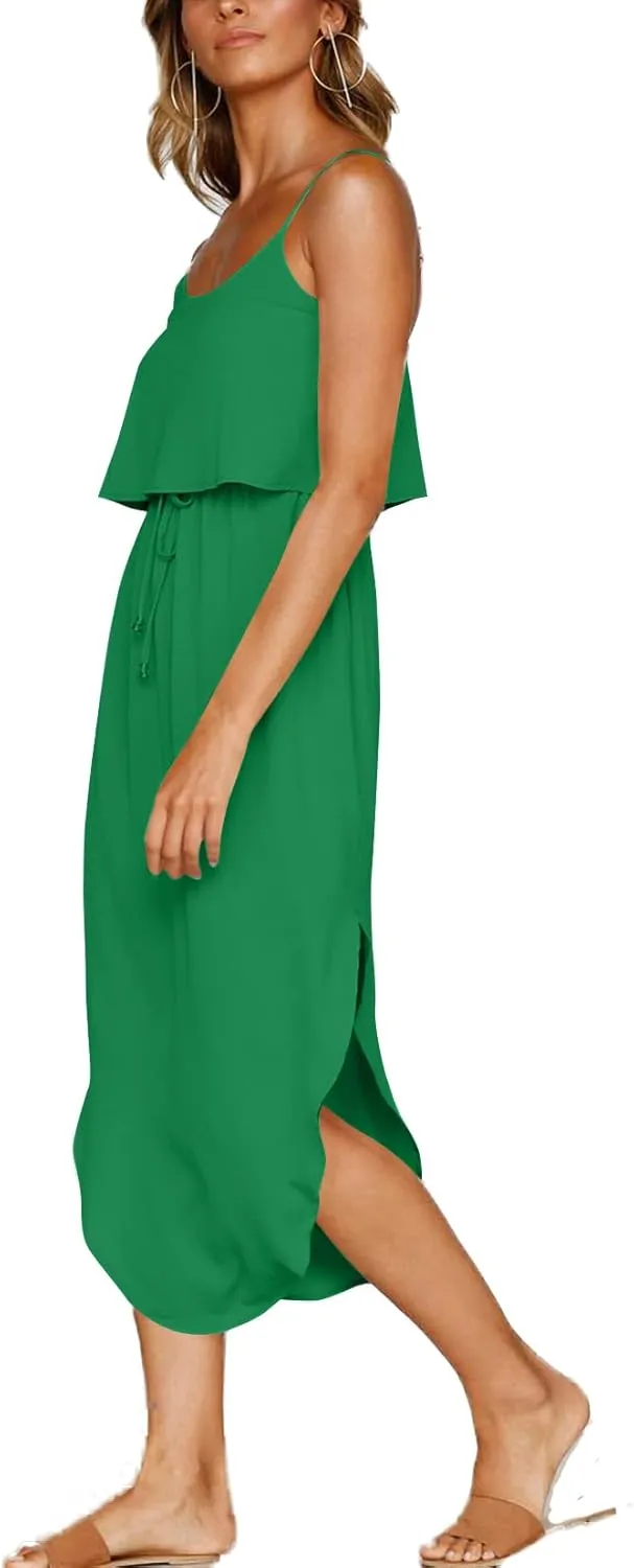 Women's Adjustable Strappy Split Summer Beach Casual Midi Dress
