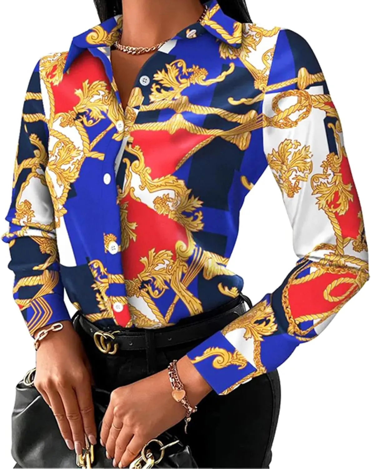 Women's Buchona Blouses Long Sleeve Floral Print Button Down Shirts, Loose Collar Sexy Tops for Everyday & Party Wear