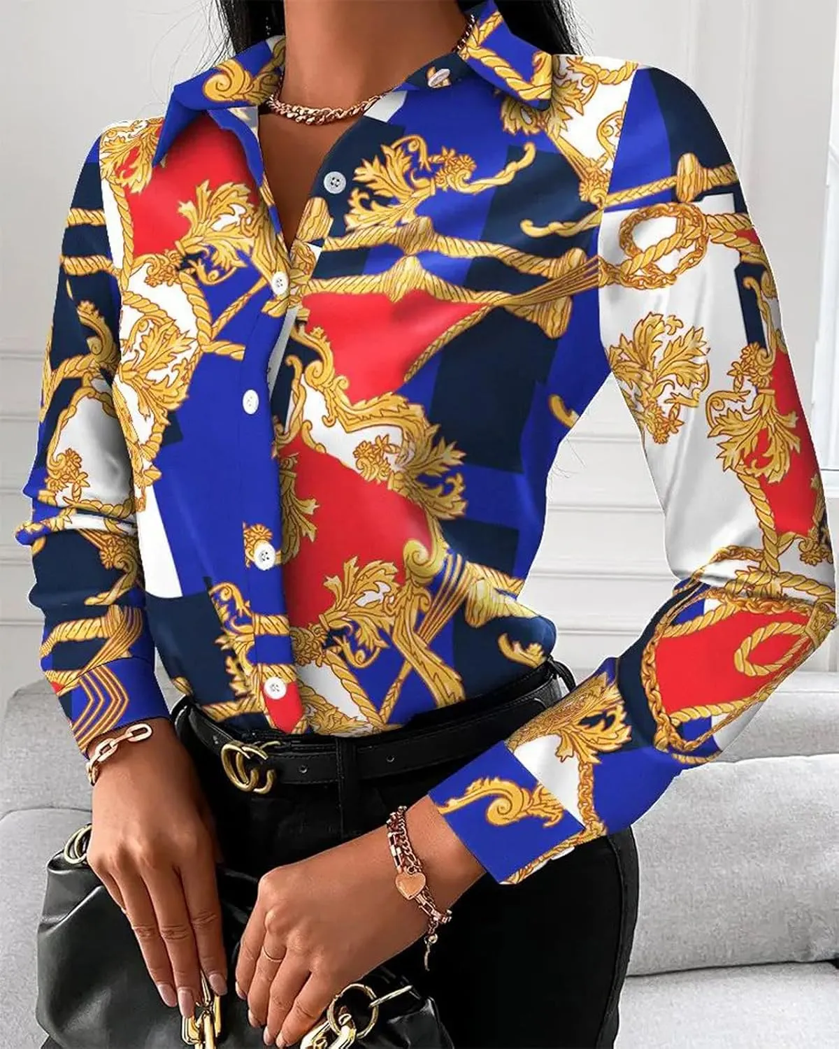 Women's Buchona Blouses Long Sleeve Floral Print Button Down Shirts, Loose Collar Sexy Tops for Everyday & Party Wear