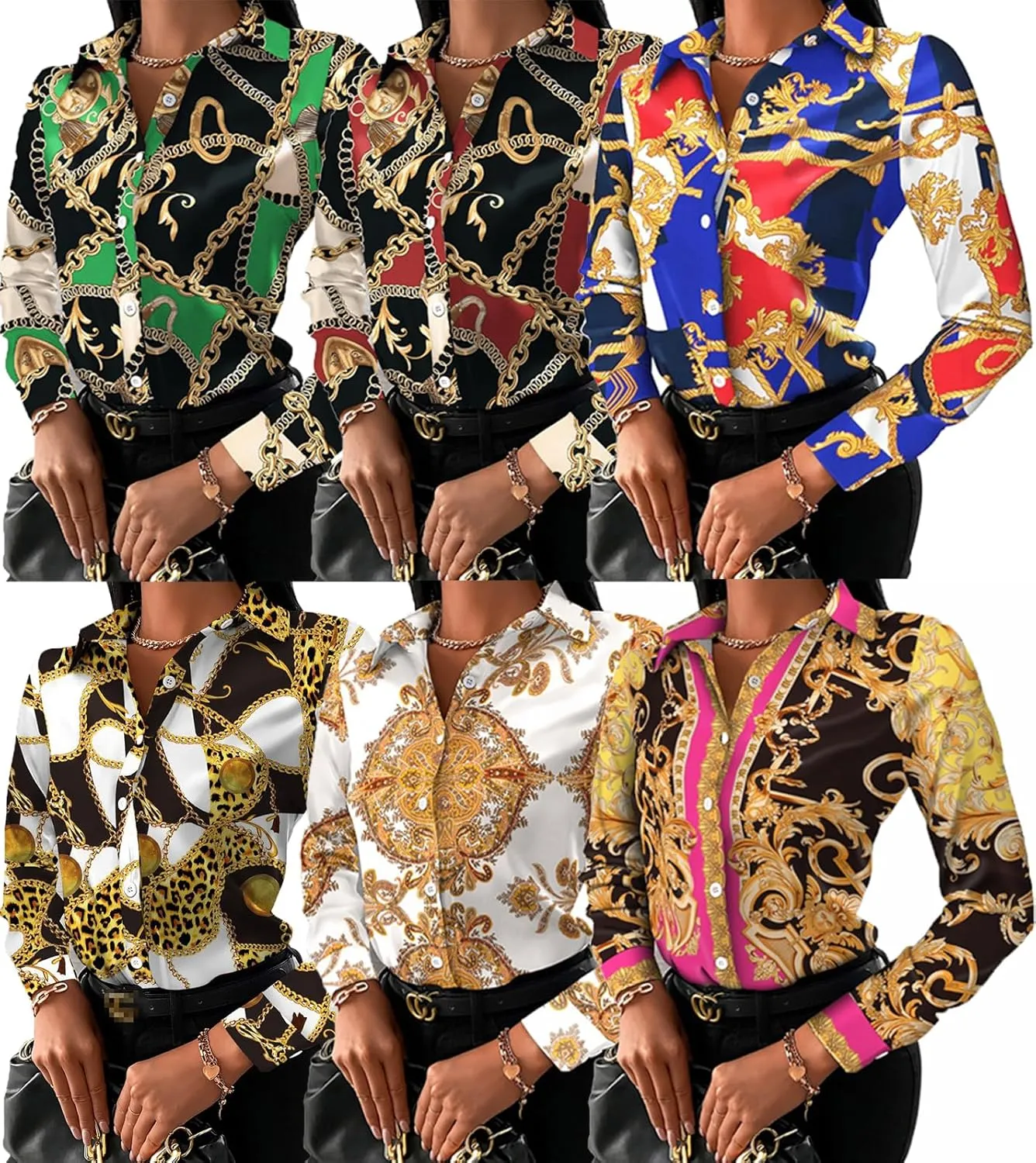 Women's Buchona Blouses Long Sleeve Floral Print Button Down Shirts, Loose Collar Sexy Tops for Everyday & Party Wear
