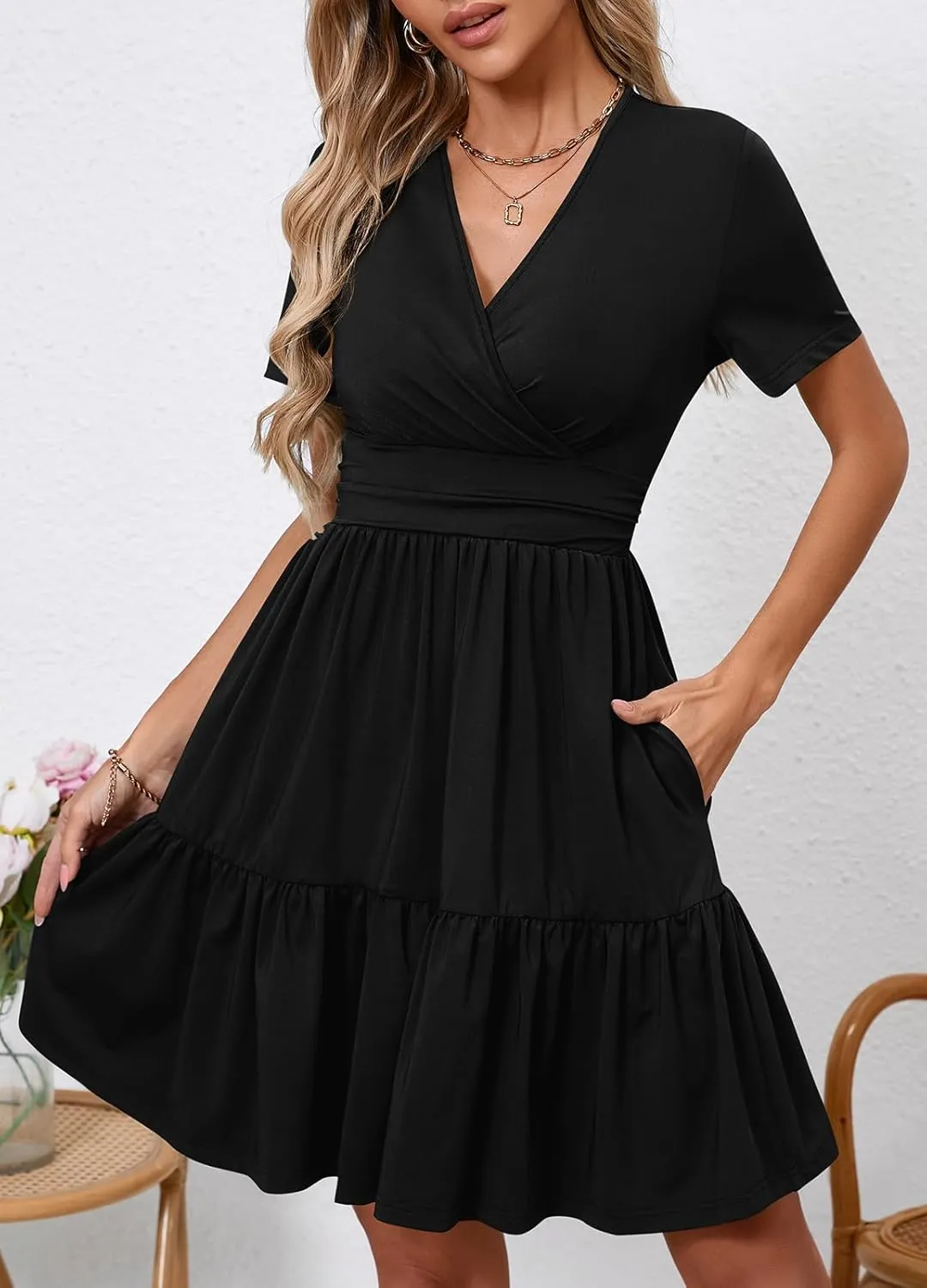 Women's Casual Summer Dress V Neck Short Sleeve Flowy Stretchy Comfort Fit for Daily Wear Work Midi Dresses