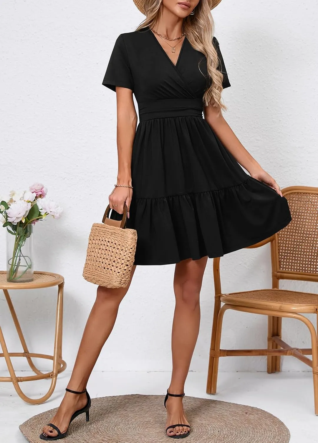 Women's Casual Summer Dress V Neck Short Sleeve Flowy Stretchy Comfort Fit for Daily Wear Work Midi Dresses