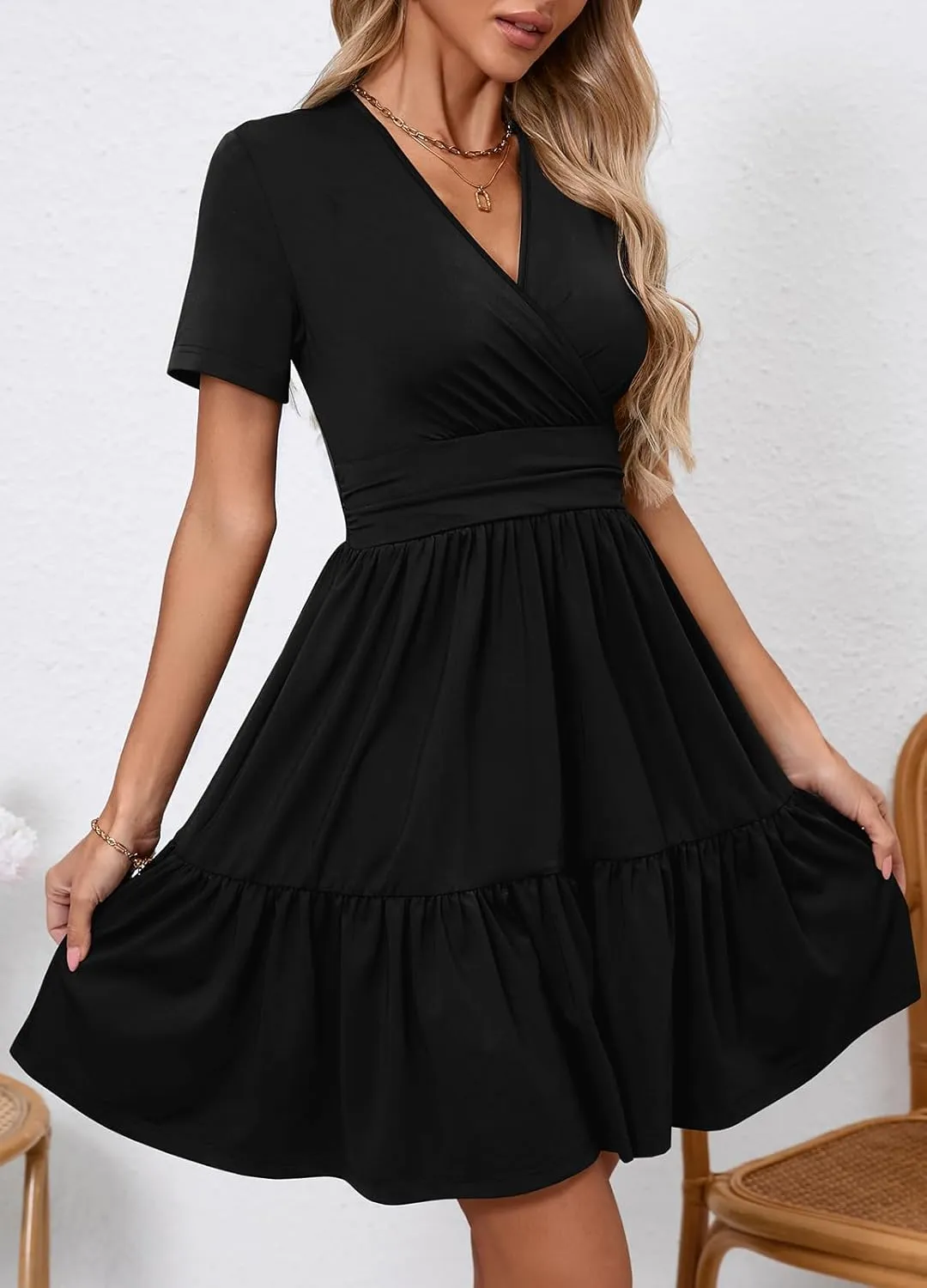 Women's Casual Summer Dress V Neck Short Sleeve Flowy Stretchy Comfort Fit for Daily Wear Work Midi Dresses
