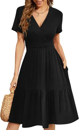 Women's Casual Summer Dress V Neck Short Sleeve Flowy Stretchy Comfort Fit for Daily Wear Work Midi Dresses
