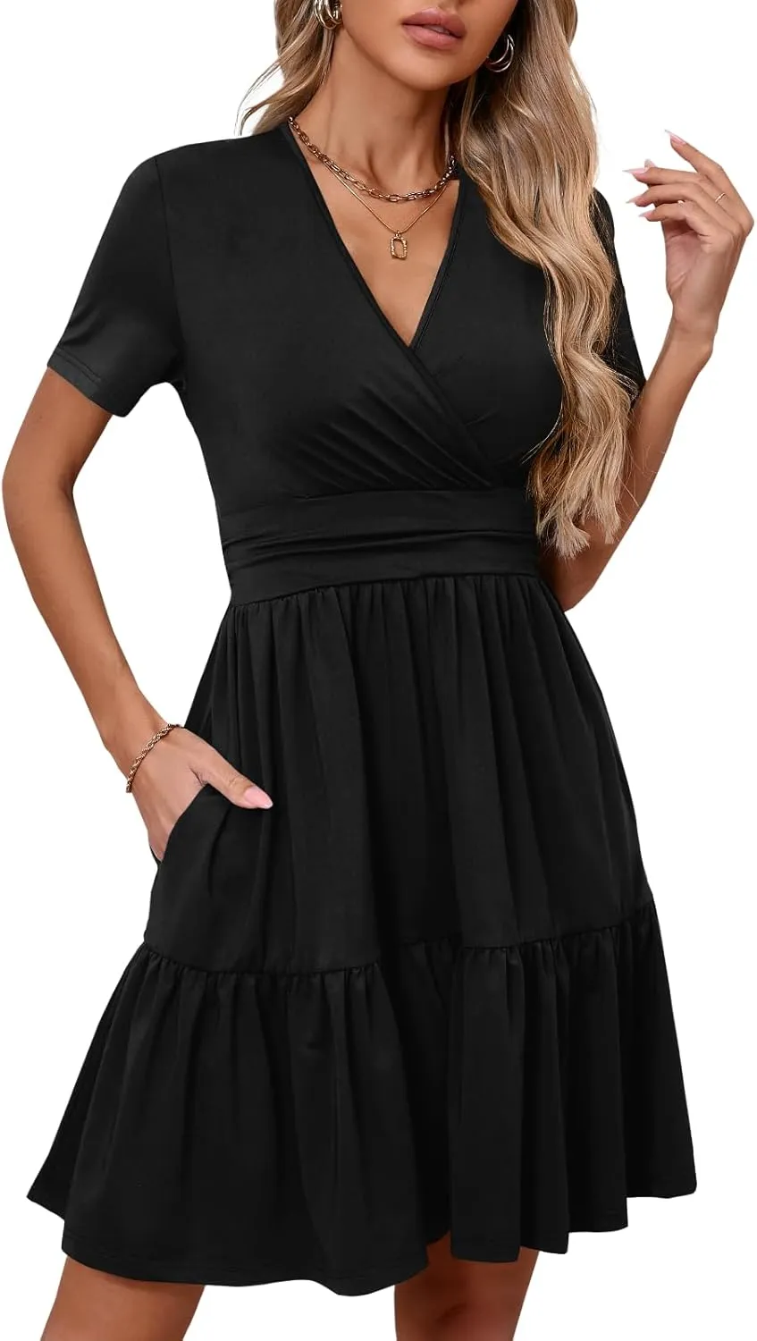 Women's Casual Summer Dress V Neck Short Sleeve Flowy Stretchy Comfort Fit for Daily Wear Work Midi Dresses