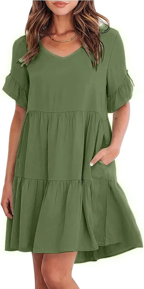 Women's Summer Casual Short Sleeve Ruffle Hem V Neck Loose Fitted Dress with Pockets for Beach,Vacation, and Daily Wear 2024