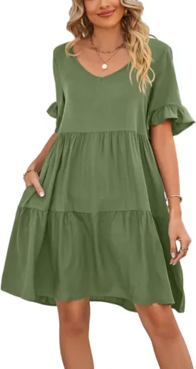 Women's Summer Casual Short Sleeve Ruffle Hem V Neck Loose Fitted Dress with Pockets for Beach,Vacation, and Daily Wear 2024