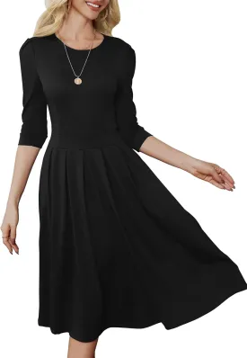 Yajedo Womens Casual Midi Dress Fashion 3/4 Sleeve A Line Crew Neck Flowy Swing Trendy Dress