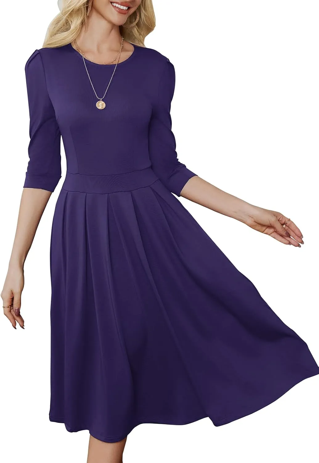 Yajedo Womens Casual Midi Dress Fashion 3/4 Sleeve A Line Crew Neck Flowy Swing Trendy Dress