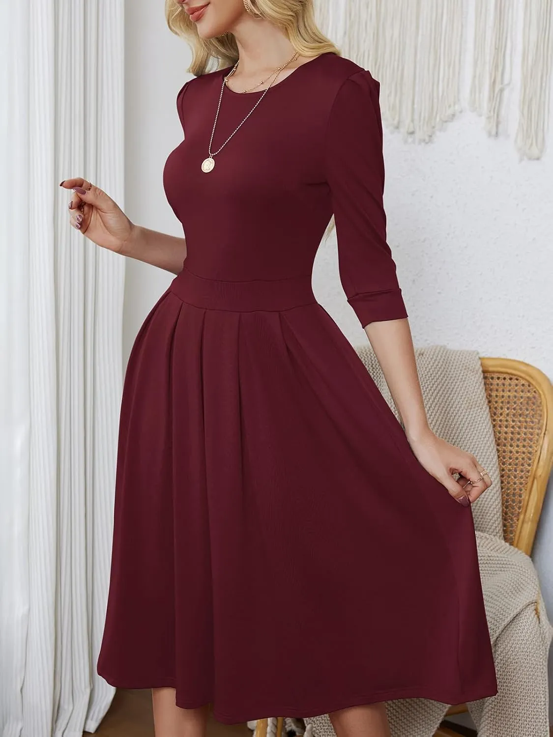 Yajedo Womens Casual Midi Dress Fashion 3/4 Sleeve A Line Crew Neck Flowy Swing Trendy Dress