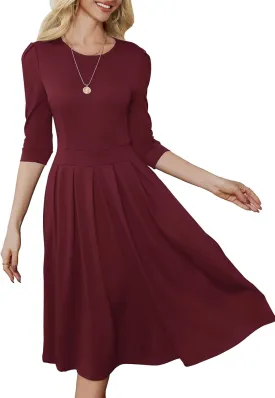 Yajedo Womens Casual Midi Dress Fashion 3/4 Sleeve A Line Crew Neck Flowy Swing Trendy Dress