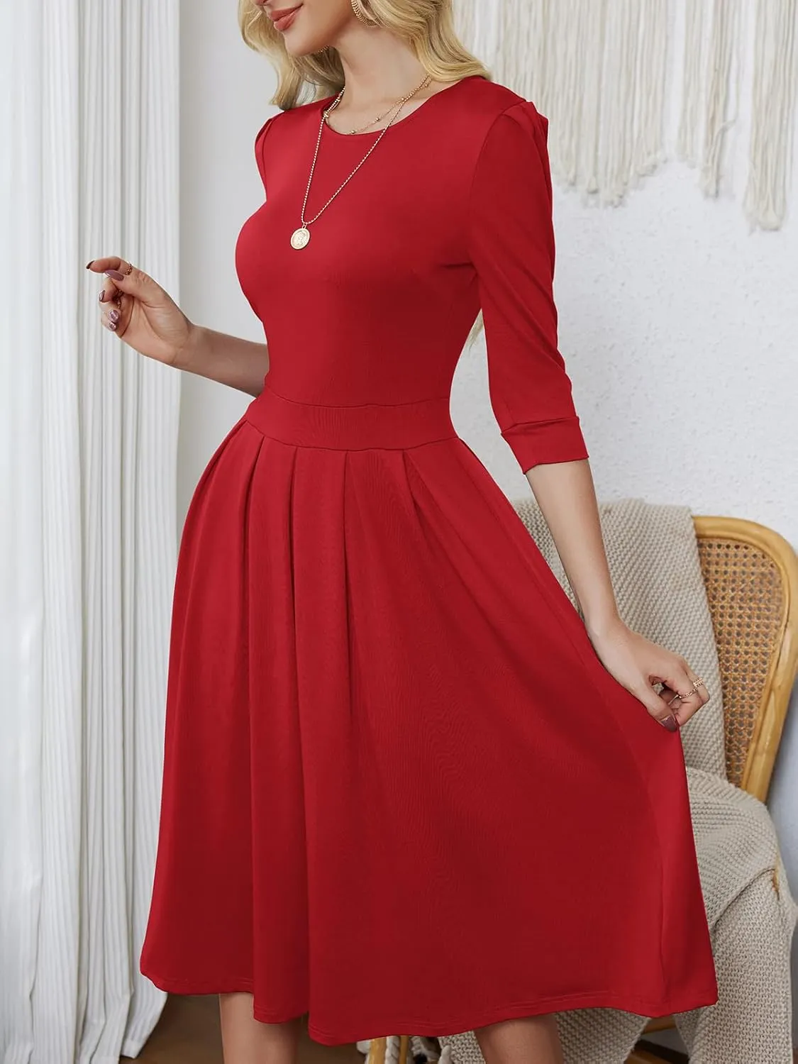Yajedo Womens Casual Midi Dress Fashion 3/4 Sleeve A Line Crew Neck Flowy Swing Trendy Dress