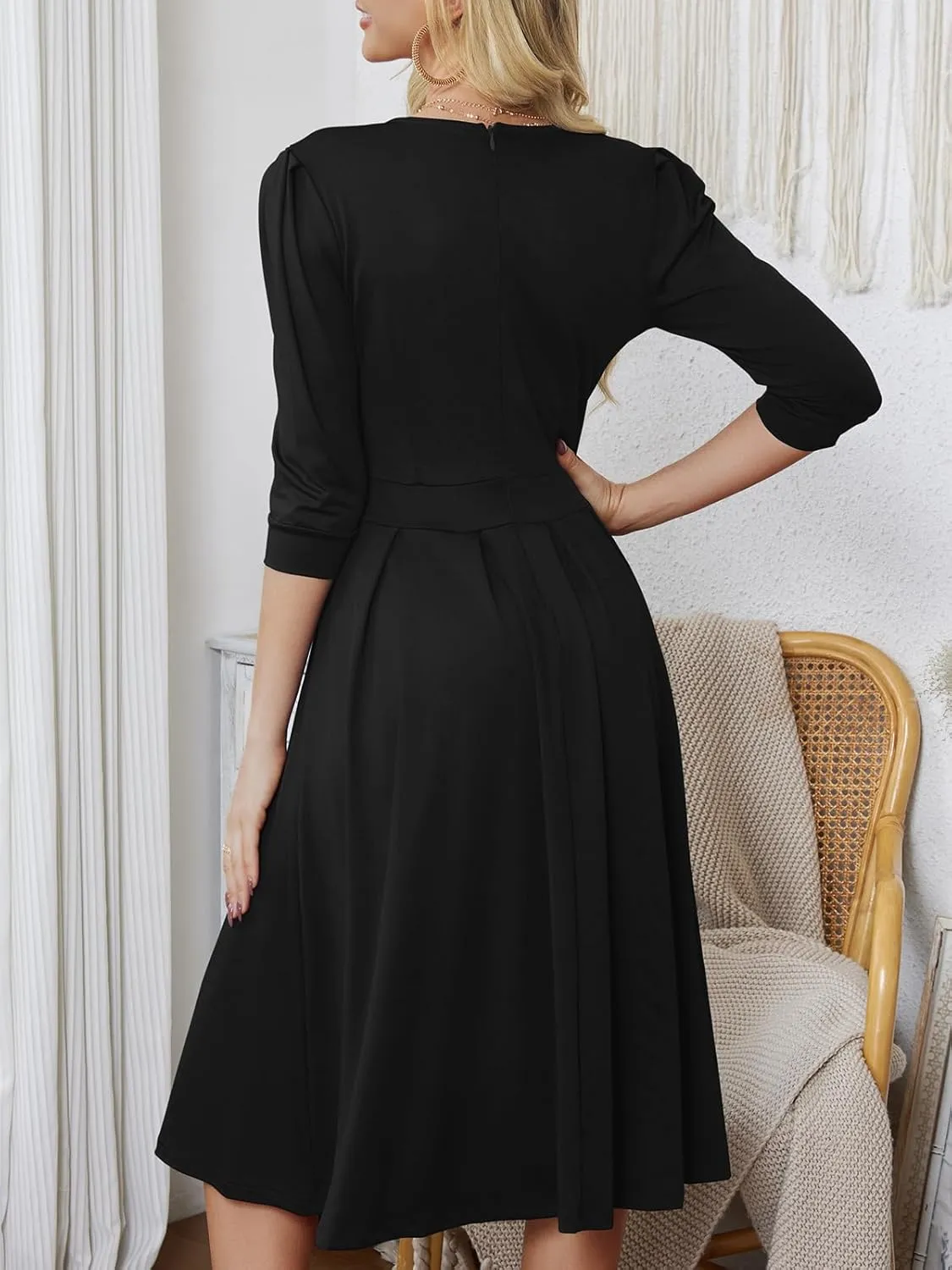 Yajedo Womens Casual Midi Dress Fashion 3/4 Sleeve A Line Crew Neck Flowy Swing Trendy Dress