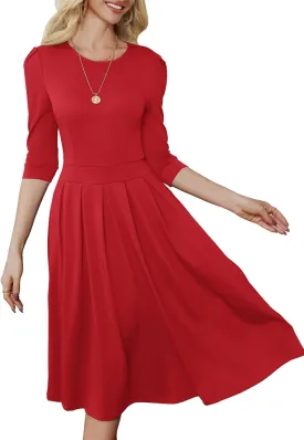 Yajedo Womens Casual Midi Dress Fashion 3/4 Sleeve A Line Crew Neck Flowy Swing Trendy Dress