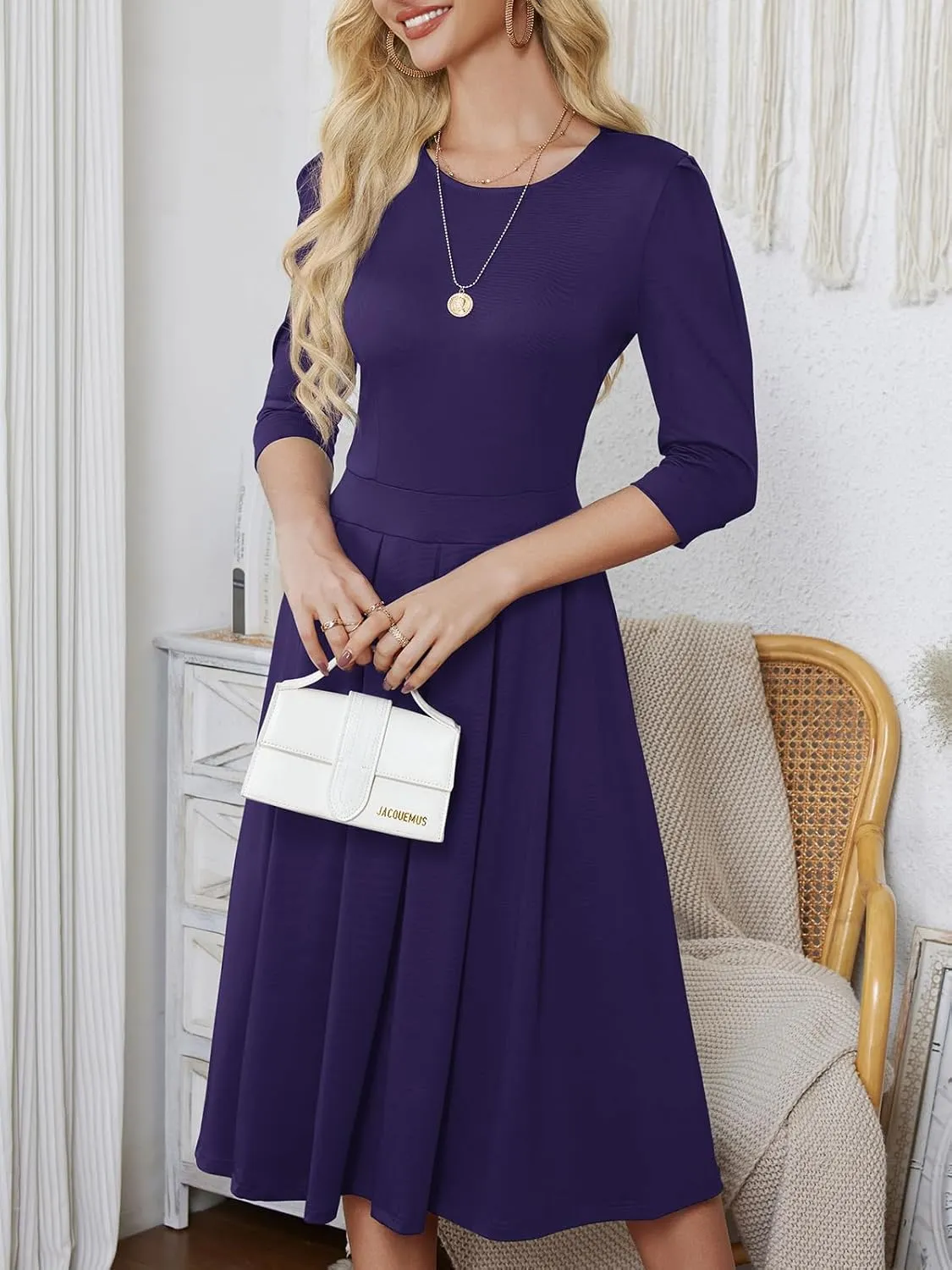 Yajedo Womens Casual Midi Dress Fashion 3/4 Sleeve A Line Crew Neck Flowy Swing Trendy Dress