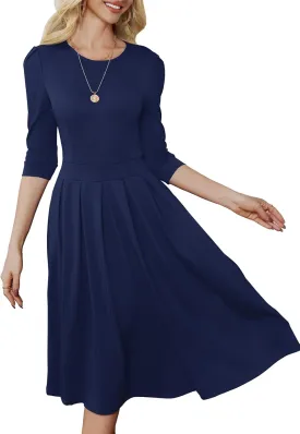 Yajedo Womens Casual Midi Dress Fashion 3/4 Sleeve A Line Crew Neck Flowy Swing Trendy Dress