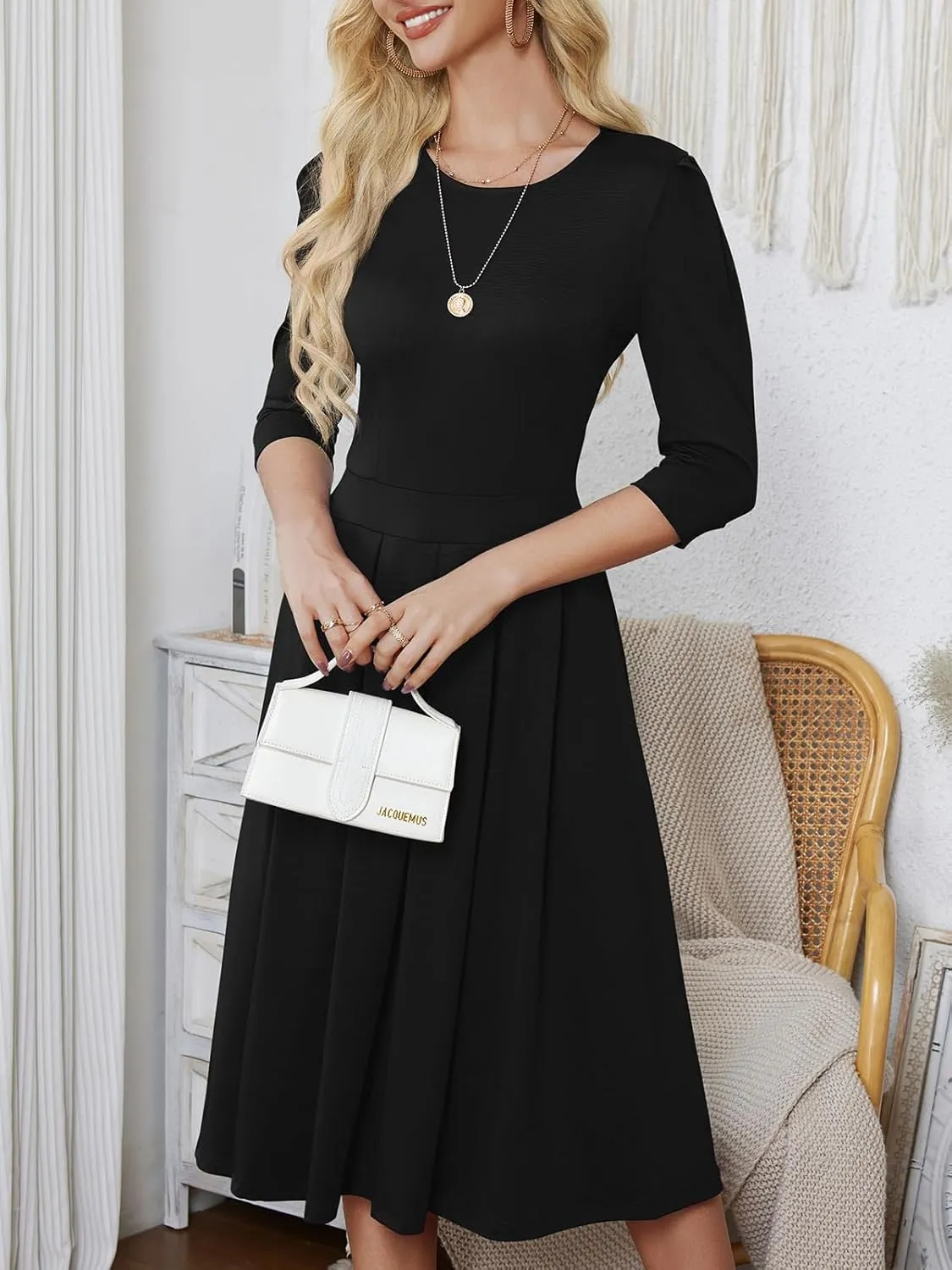 Yajedo Womens Casual Midi Dress Fashion 3/4 Sleeve A Line Crew Neck Flowy Swing Trendy Dress