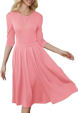 Yajedo Womens Casual Midi Dress Fashion 3/4 Sleeve A Line Crew Neck Flowy Swing Trendy Dress