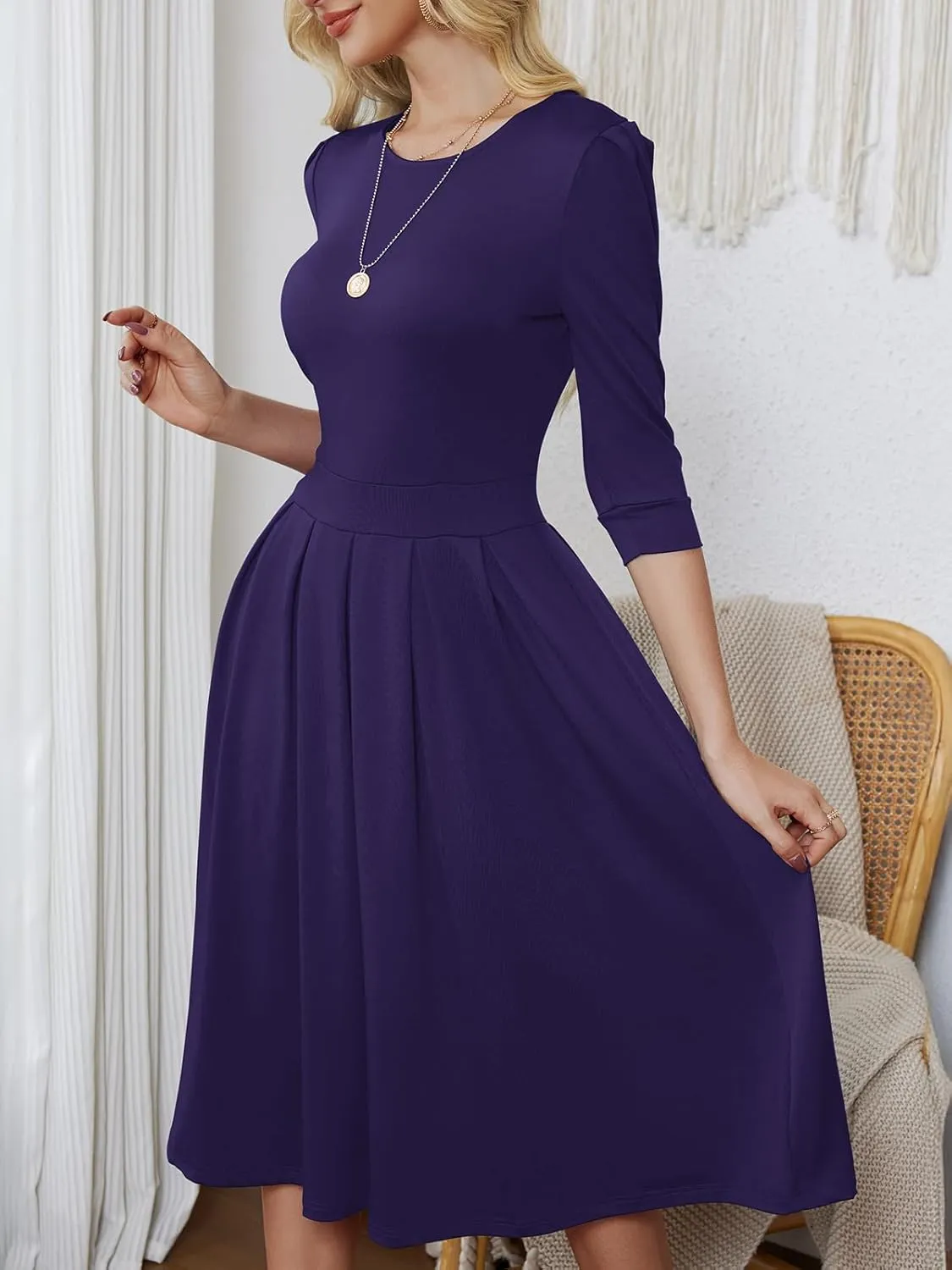 Yajedo Womens Casual Midi Dress Fashion 3/4 Sleeve A Line Crew Neck Flowy Swing Trendy Dress