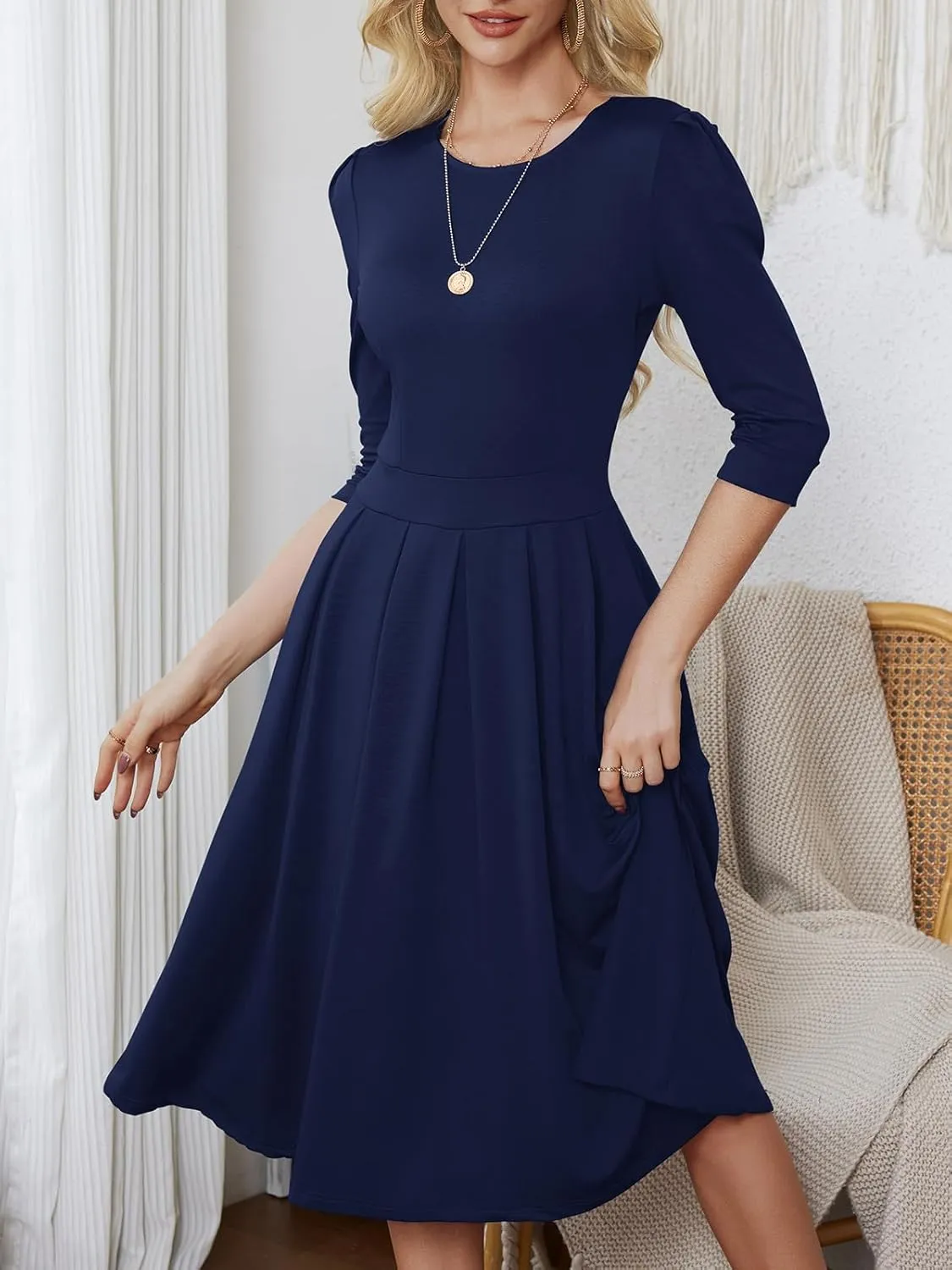 Yajedo Womens Casual Midi Dress Fashion 3/4 Sleeve A Line Crew Neck Flowy Swing Trendy Dress