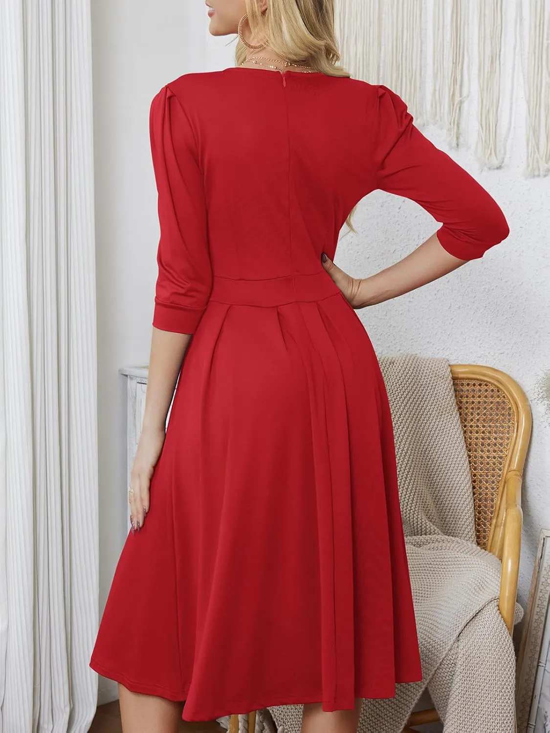 Yajedo Womens Casual Midi Dress Fashion 3/4 Sleeve A Line Crew Neck Flowy Swing Trendy Dress