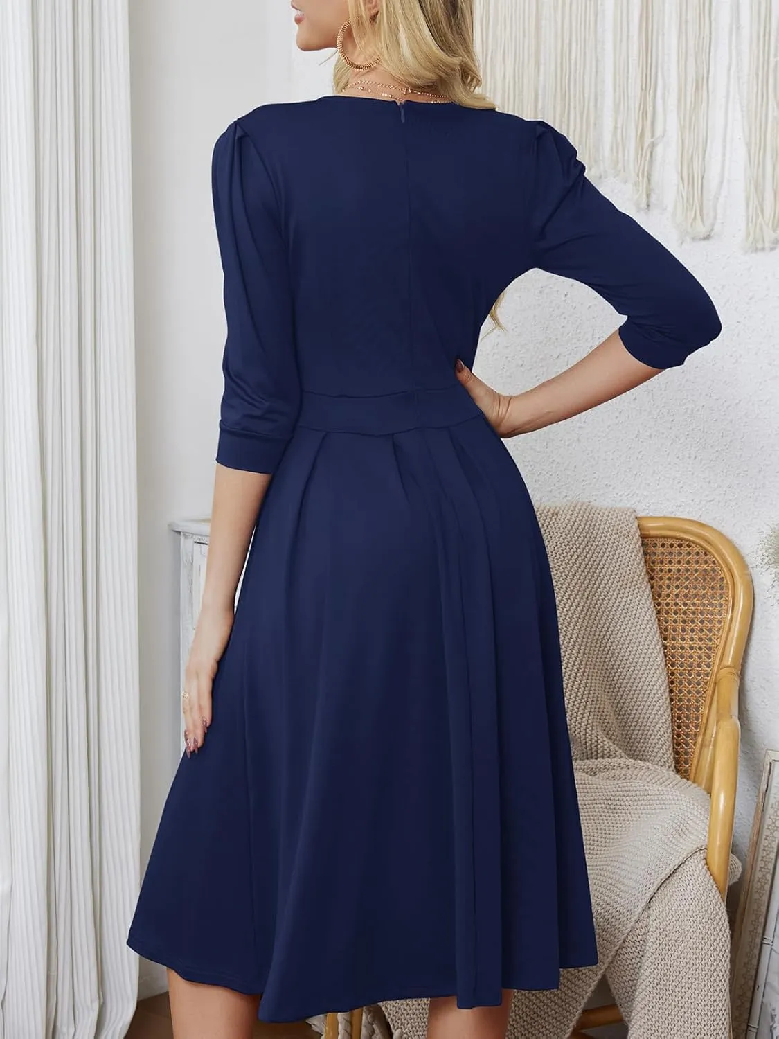 Yajedo Womens Casual Midi Dress Fashion 3/4 Sleeve A Line Crew Neck Flowy Swing Trendy Dress