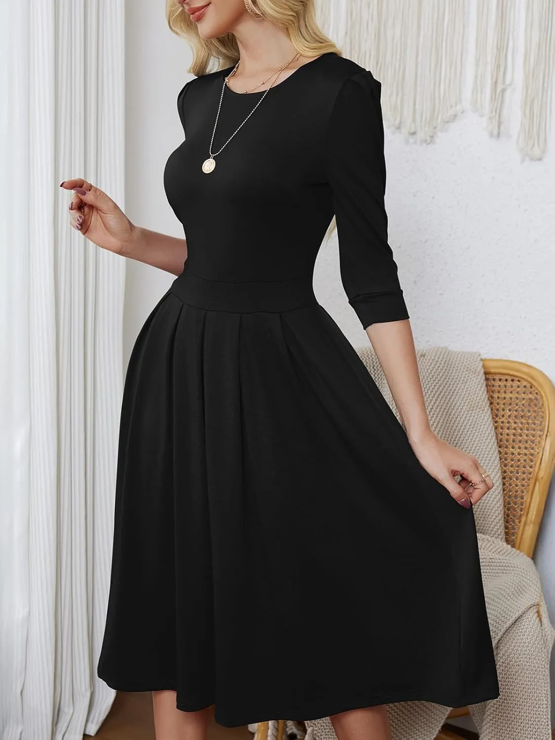 Yajedo Womens Casual Midi Dress Fashion 3/4 Sleeve A Line Crew Neck Flowy Swing Trendy Dress