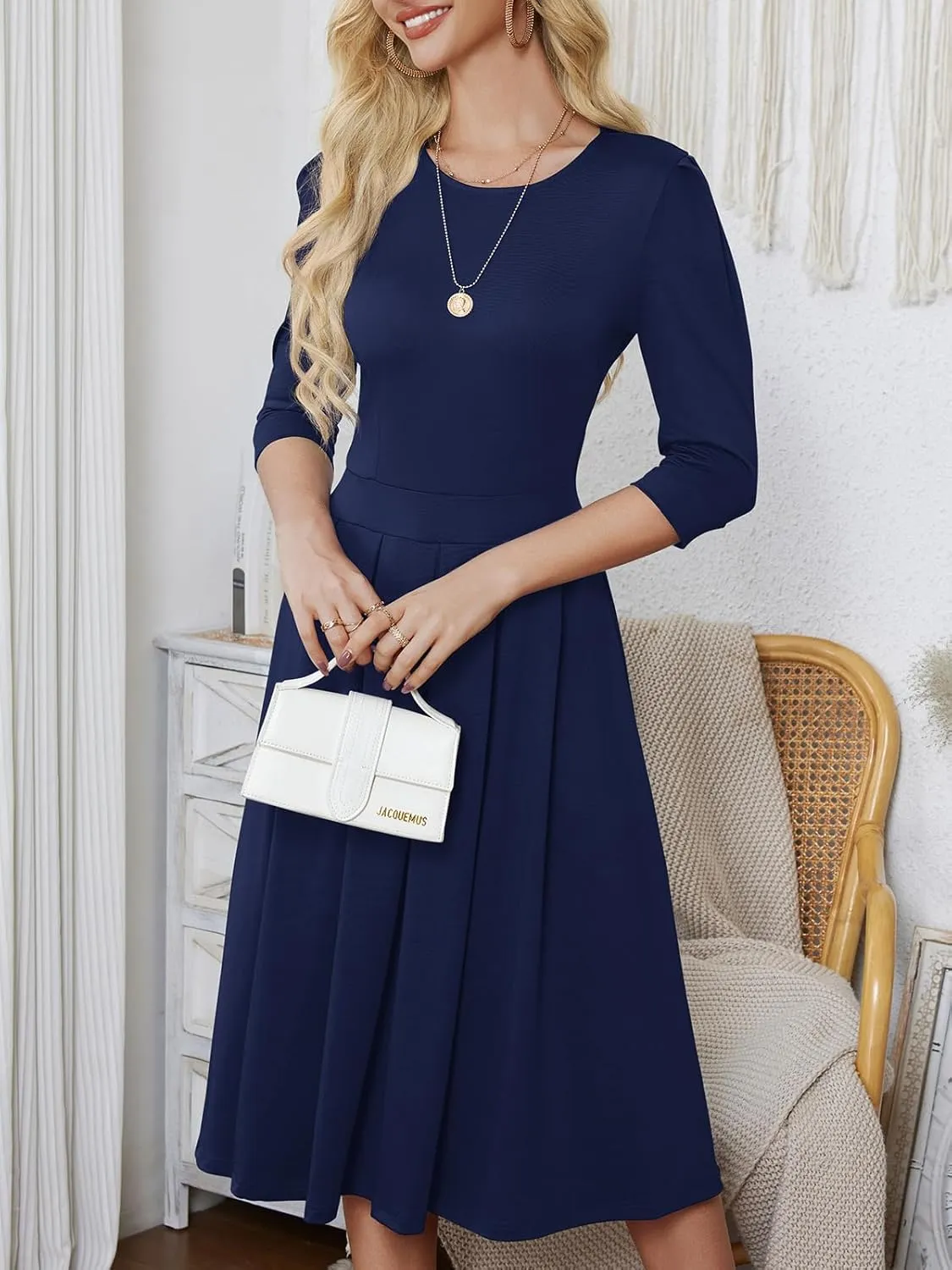 Yajedo Womens Casual Midi Dress Fashion 3/4 Sleeve A Line Crew Neck Flowy Swing Trendy Dress