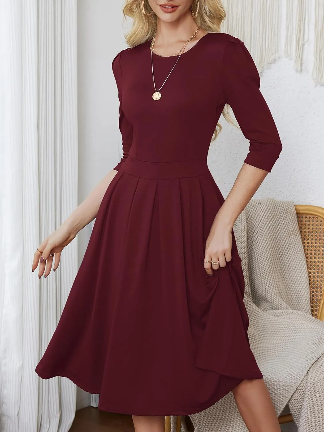 Yajedo Womens Casual Midi Dress Fashion 3/4 Sleeve A Line Crew Neck Flowy Swing Trendy Dress