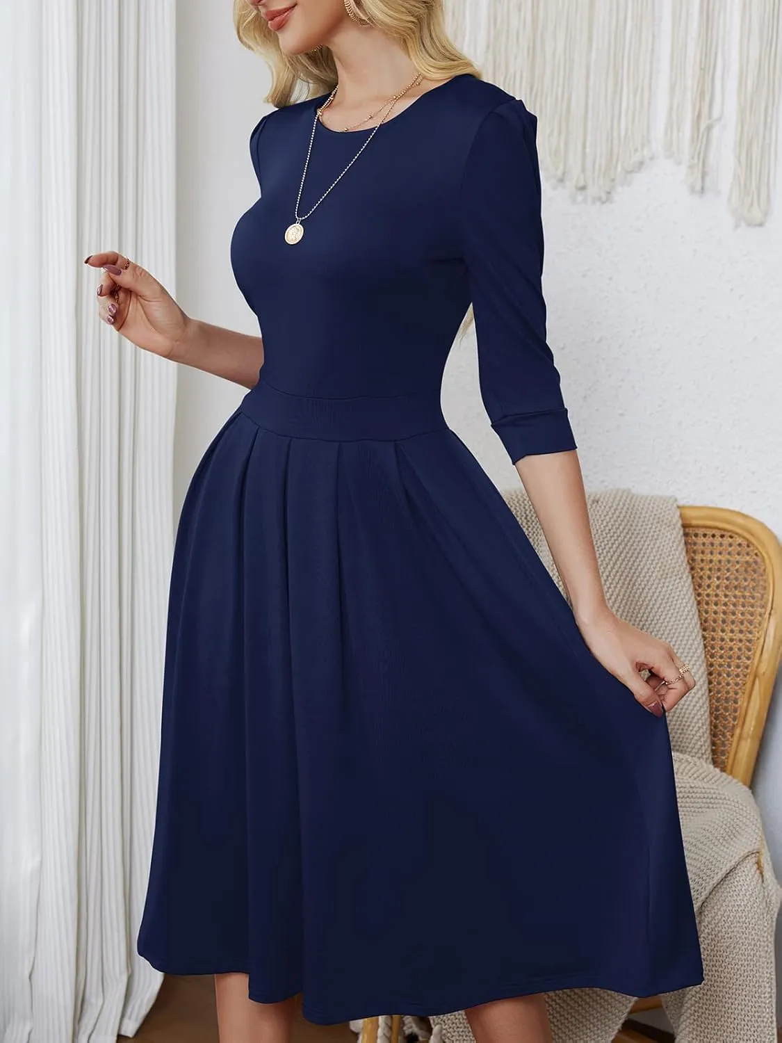 Yajedo Womens Casual Midi Dress Fashion 3/4 Sleeve A Line Crew Neck Flowy Swing Trendy Dress
