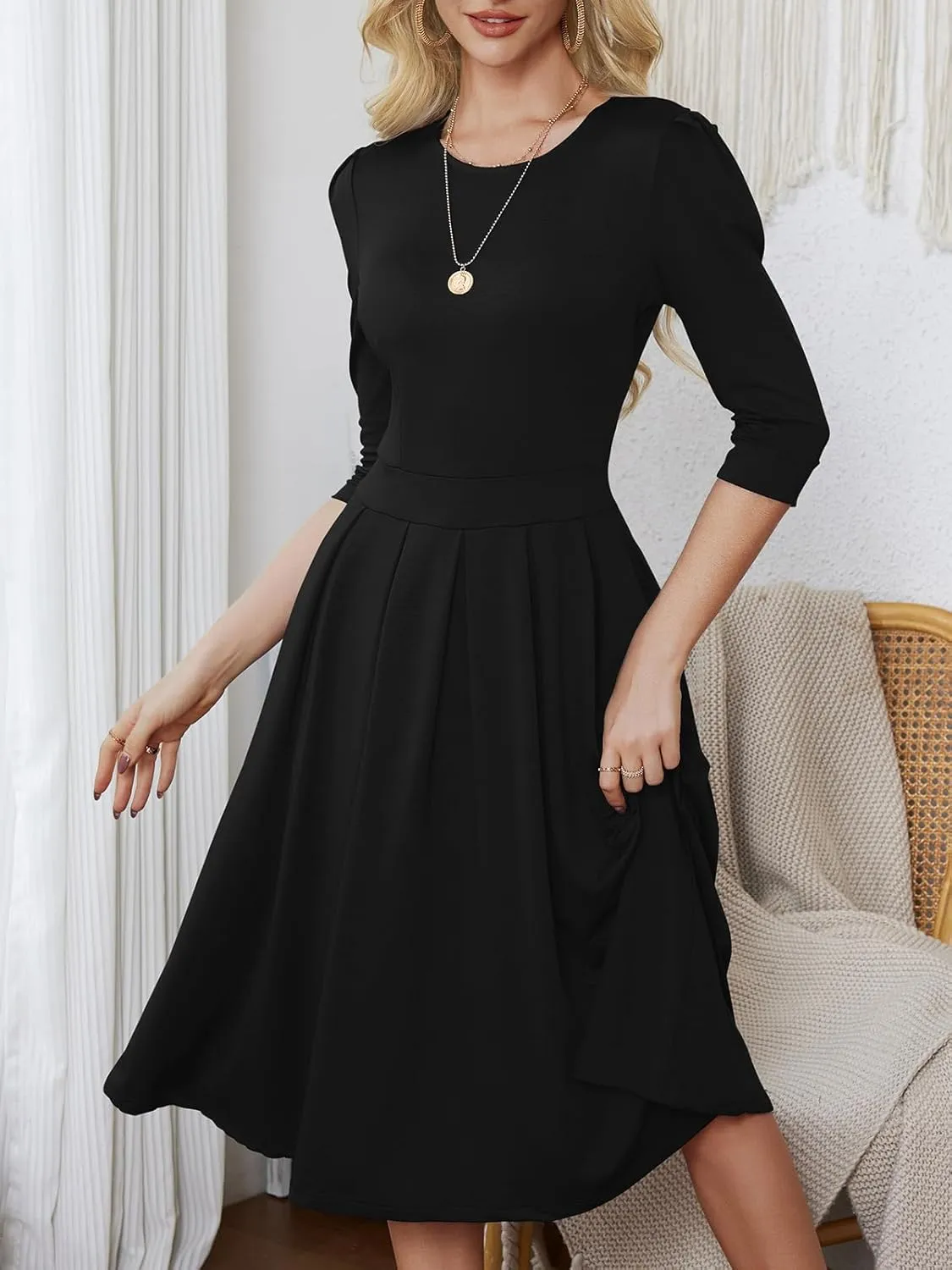 Yajedo Womens Casual Midi Dress Fashion 3/4 Sleeve A Line Crew Neck Flowy Swing Trendy Dress