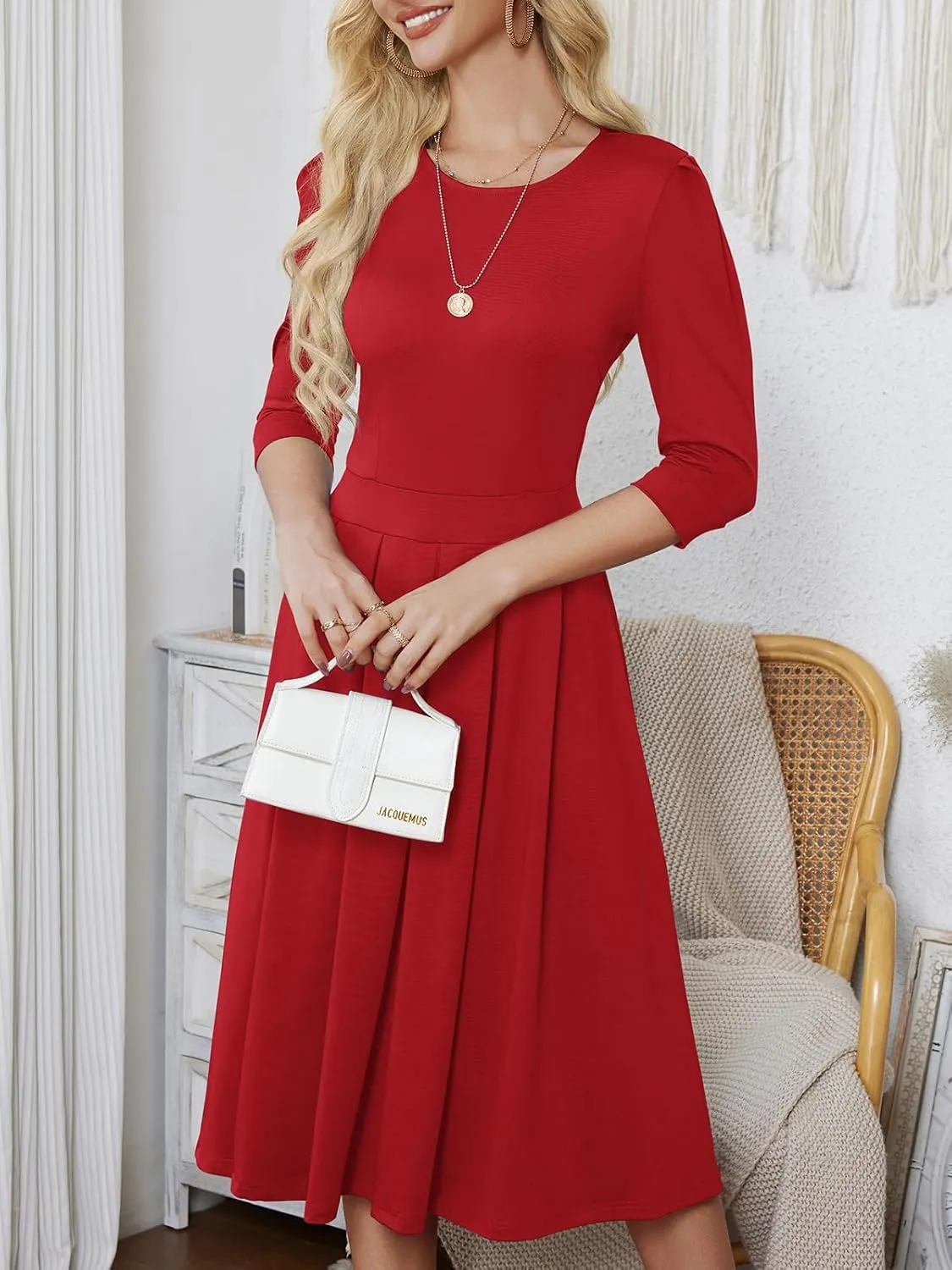 Yajedo Womens Casual Midi Dress Fashion 3/4 Sleeve A Line Crew Neck Flowy Swing Trendy Dress