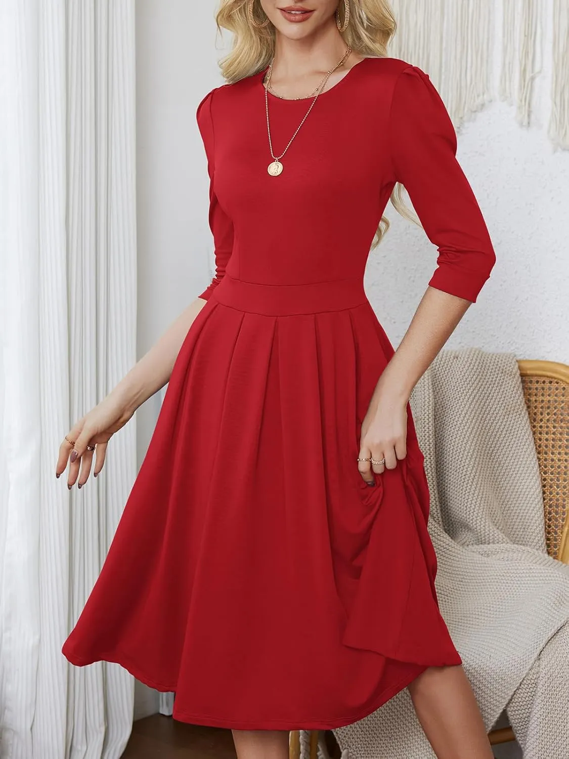 Yajedo Womens Casual Midi Dress Fashion 3/4 Sleeve A Line Crew Neck Flowy Swing Trendy Dress
