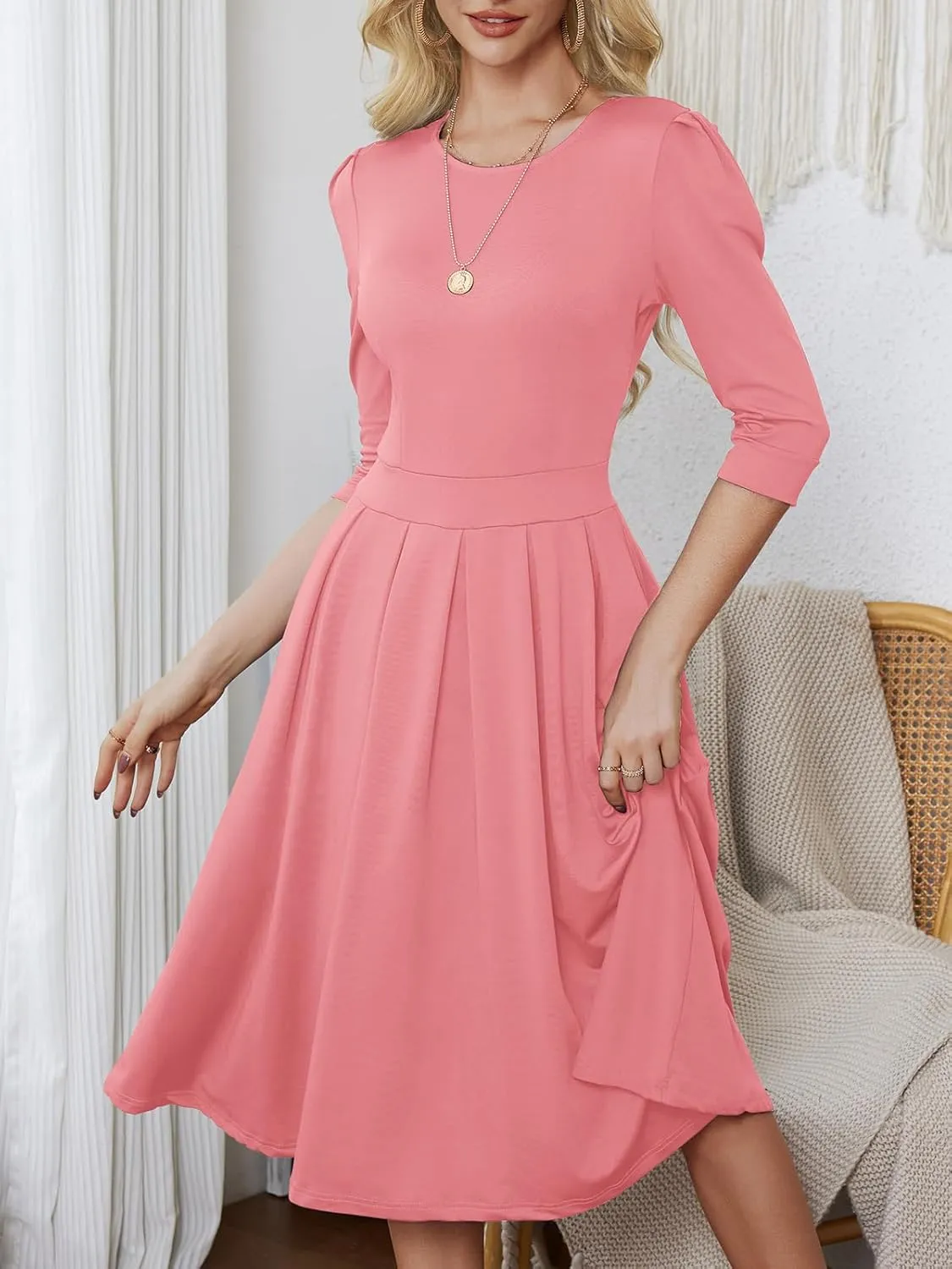 Yajedo Womens Casual Midi Dress Fashion 3/4 Sleeve A Line Crew Neck Flowy Swing Trendy Dress