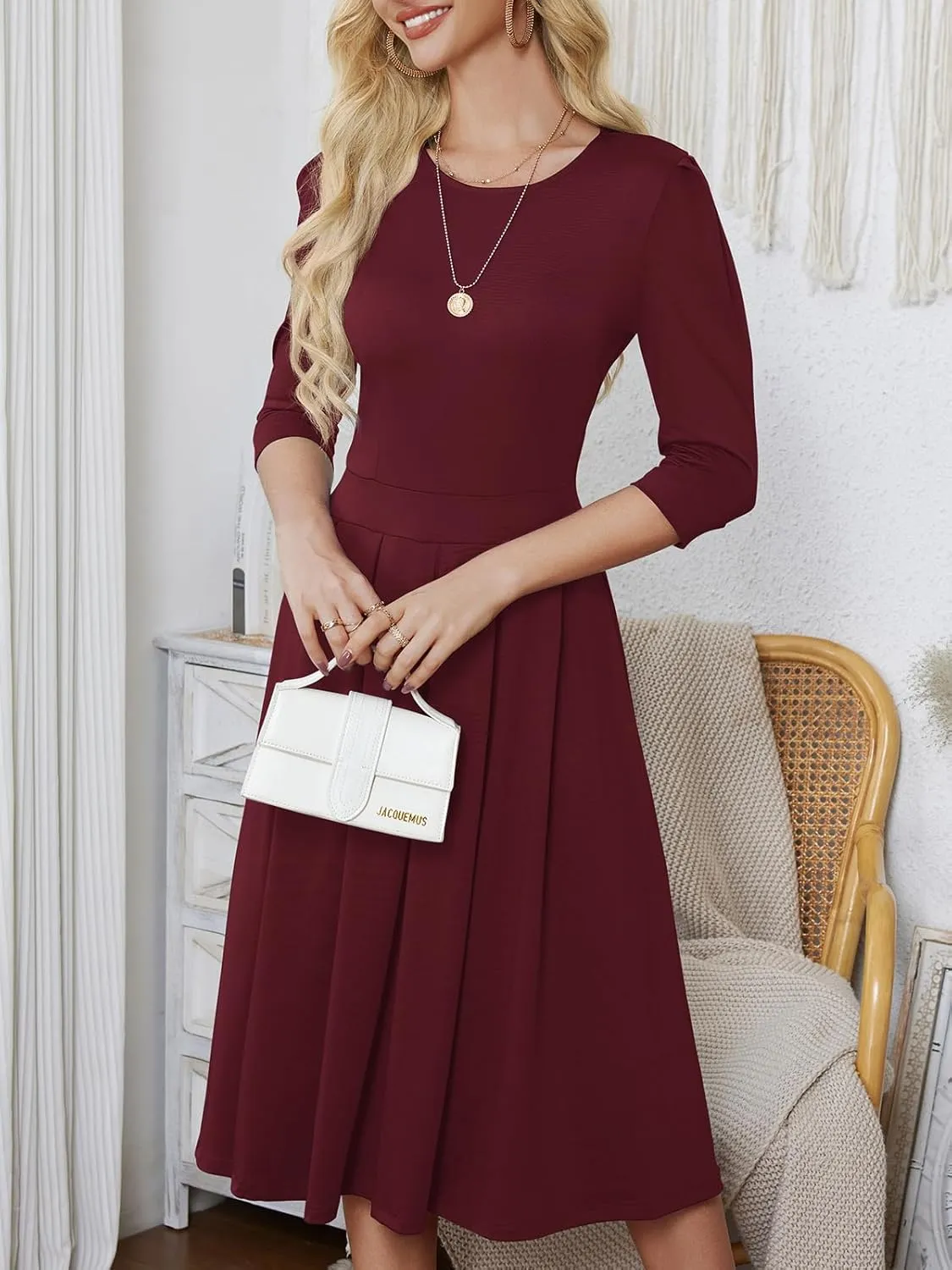 Yajedo Womens Casual Midi Dress Fashion 3/4 Sleeve A Line Crew Neck Flowy Swing Trendy Dress